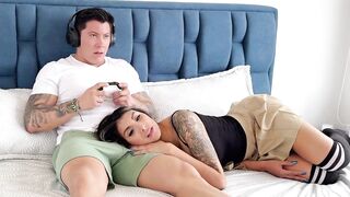 My stepsis surprises me with a blowjob while she rests on my legs!